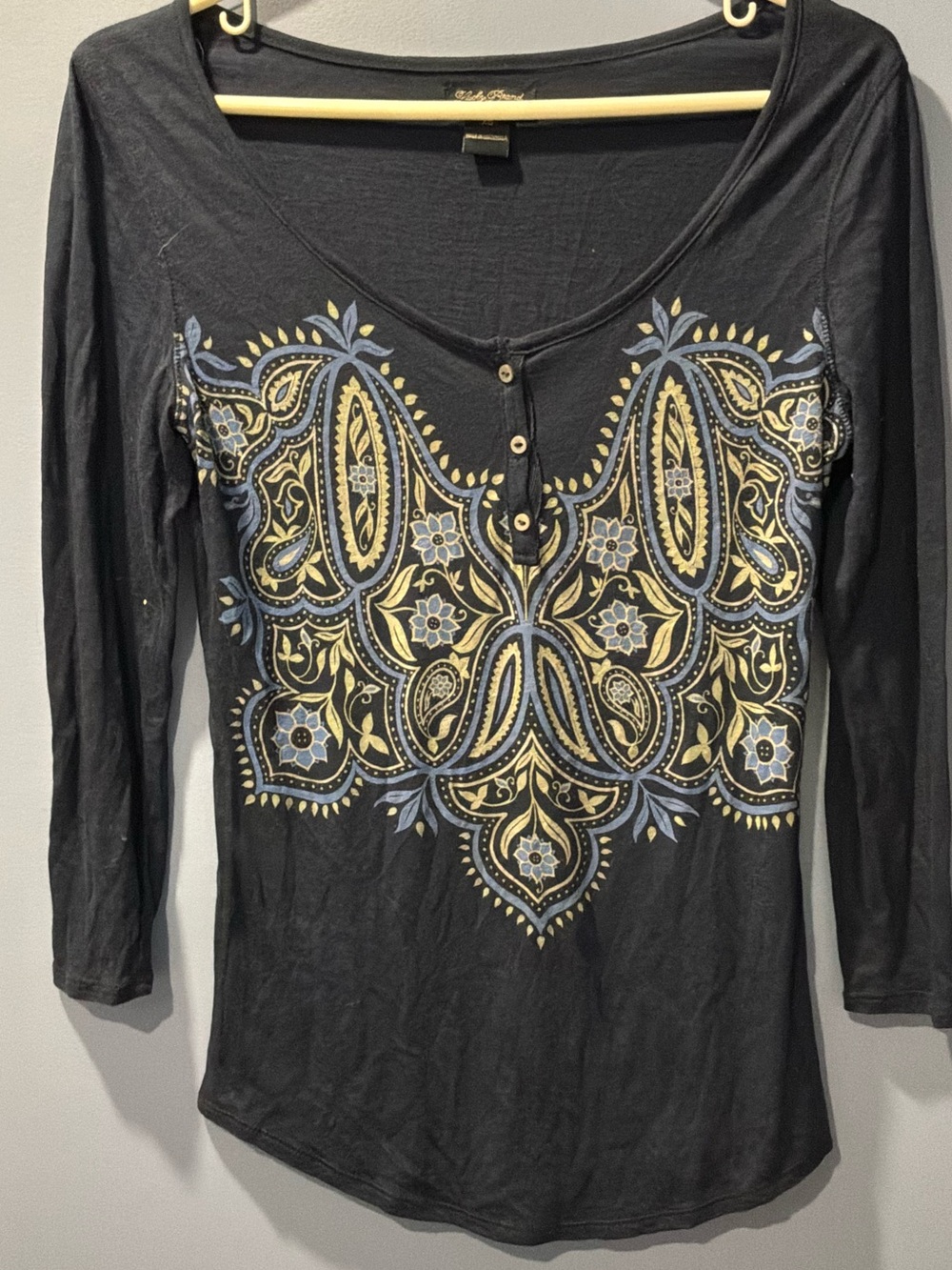 Lucky Brand Black Long Sleeve Henley with Paisley Print
